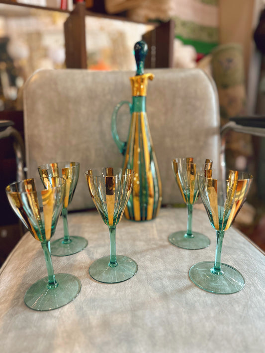 Mid century decanter & glasses set - gold leaf (blue)