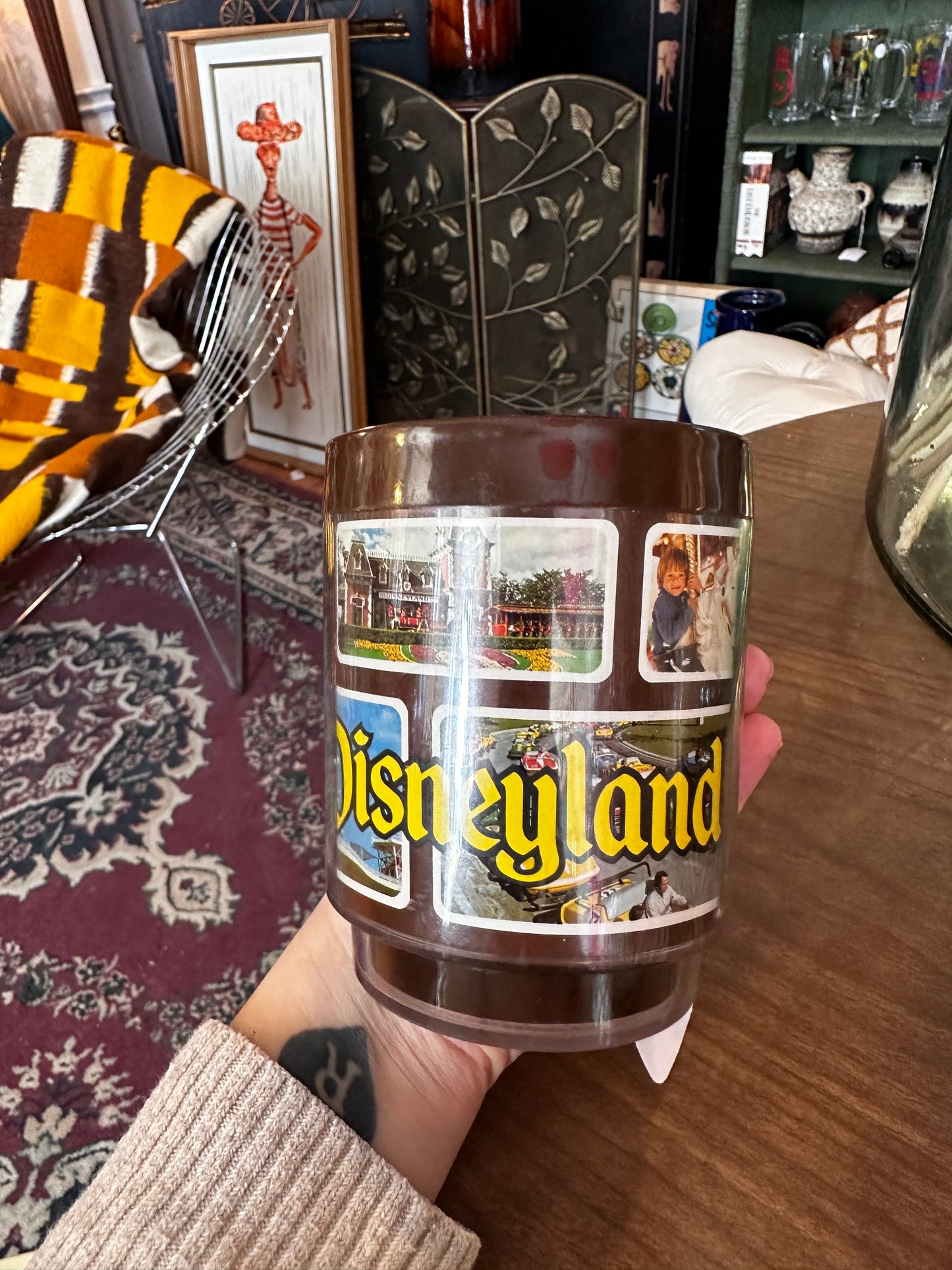 Set of 2 1970s Disneyland Plastic Mugs with images from the park