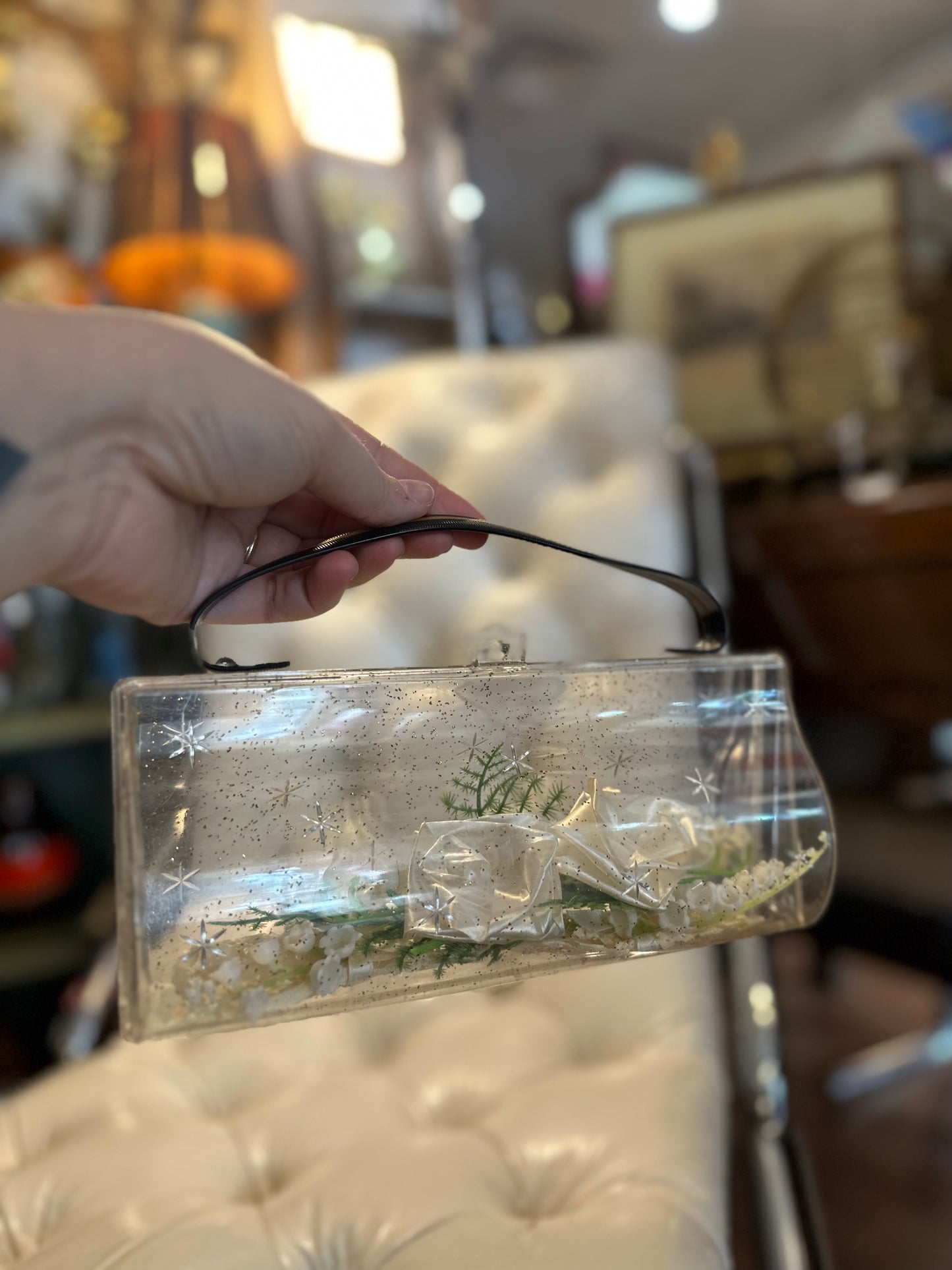 1950s clear plastic with silver sparkles evening bag (includes cake doilies and courage from vintage wedding inside)
