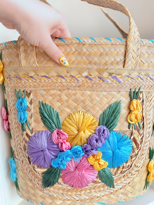Woven floral beach bag