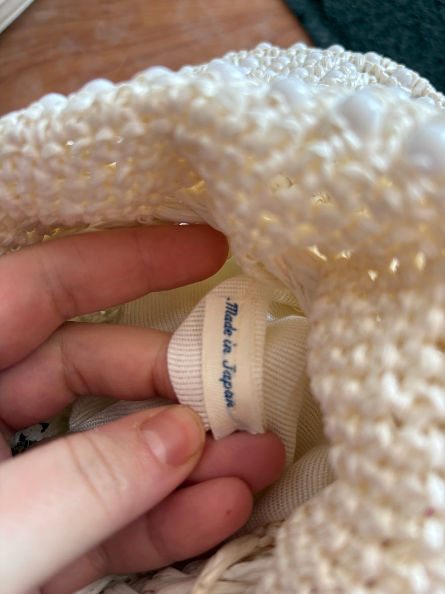 Woven bucket purse with white beads - made in Japan