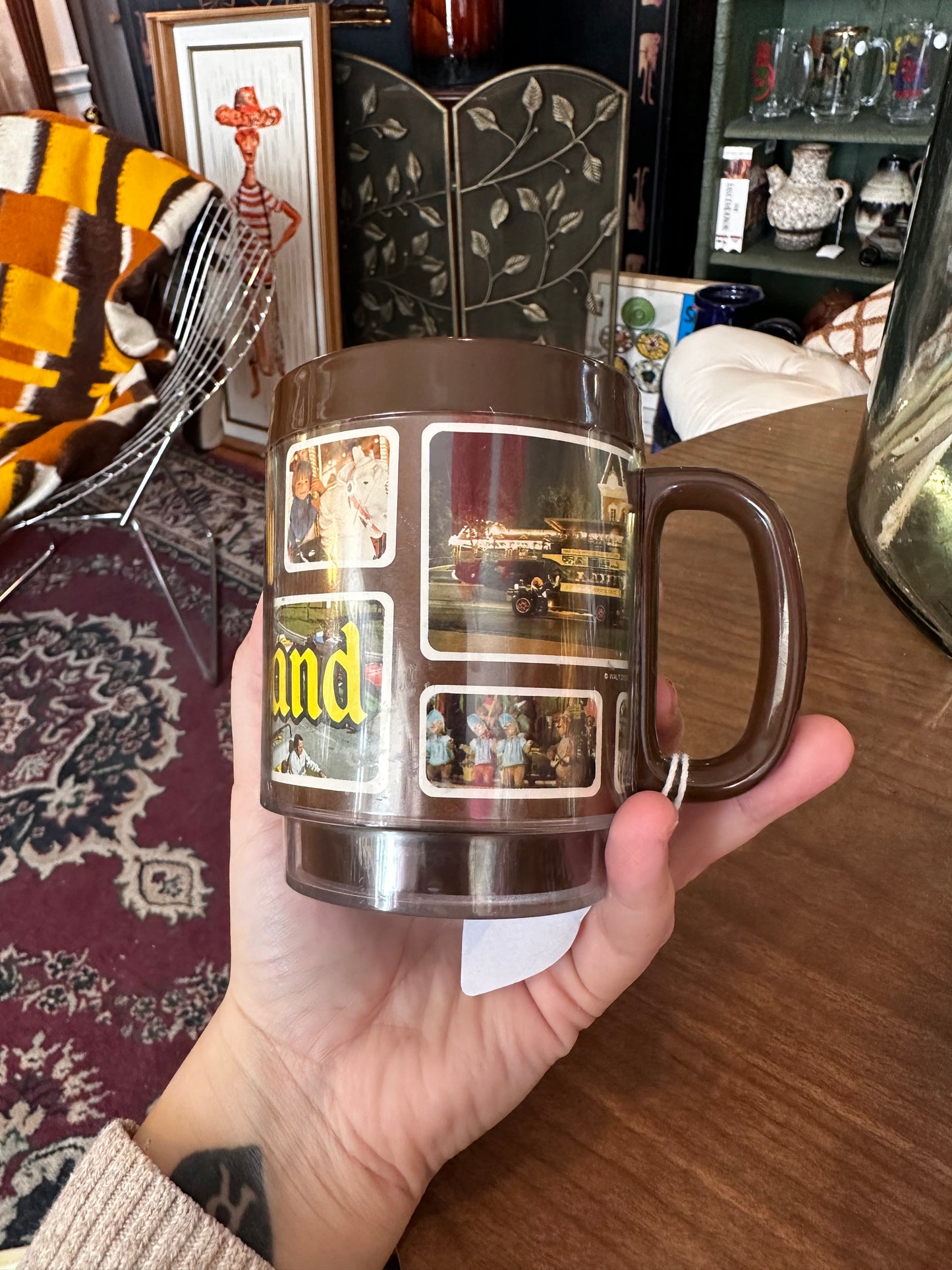 Set of 2 1970s Disneyland Plastic Mugs with images from the park