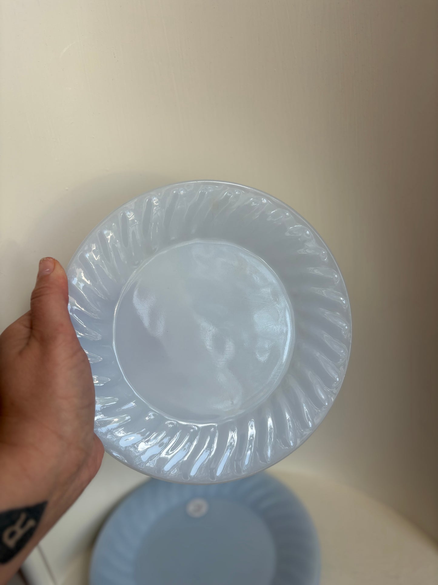 Fireking azurite blue swirl salad plates