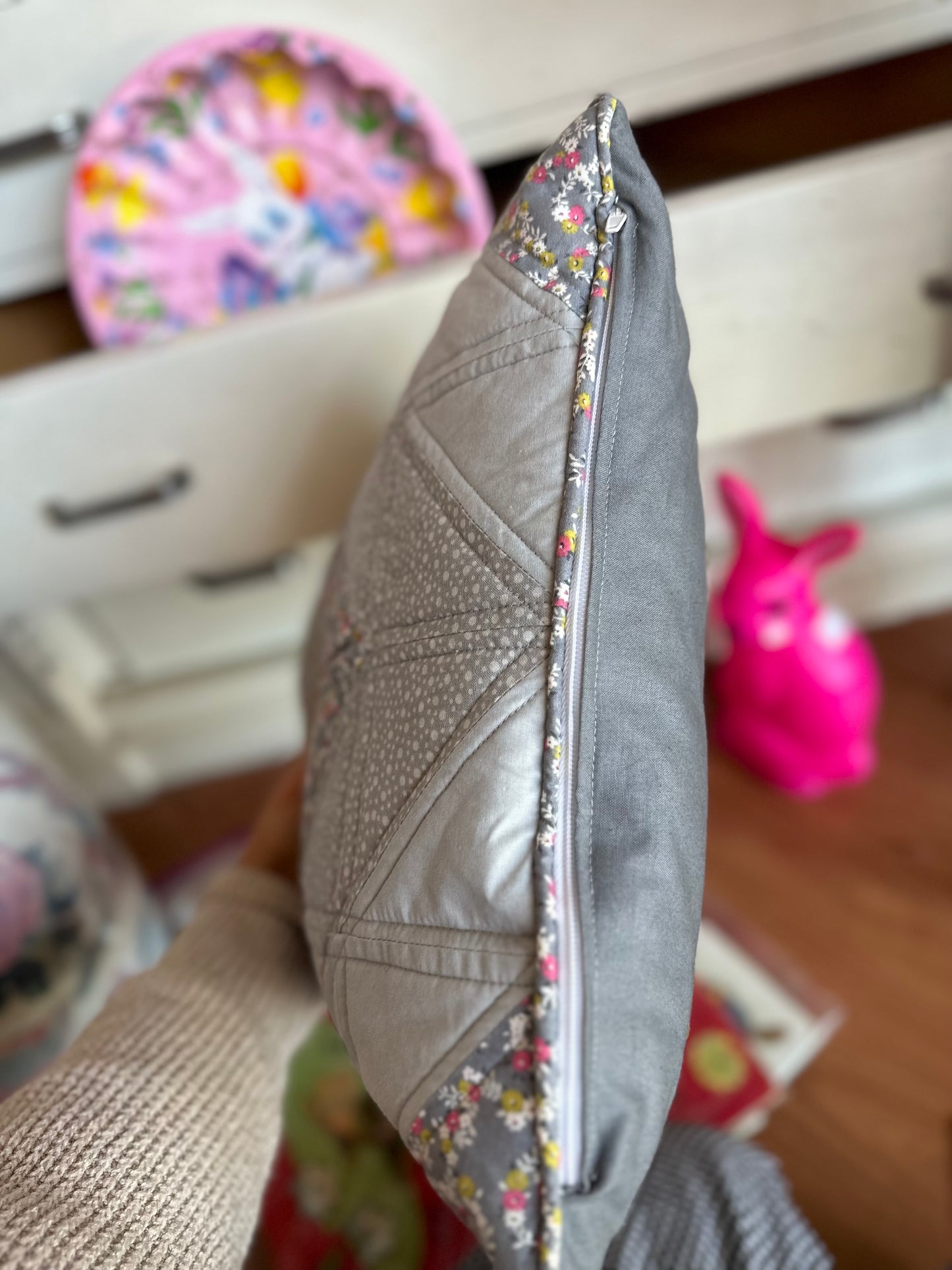 Handmade quilted pillow with zipper - grey & florals