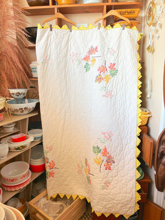 Yellow Gingham, Fall Leaves Quilt 58x74 inches