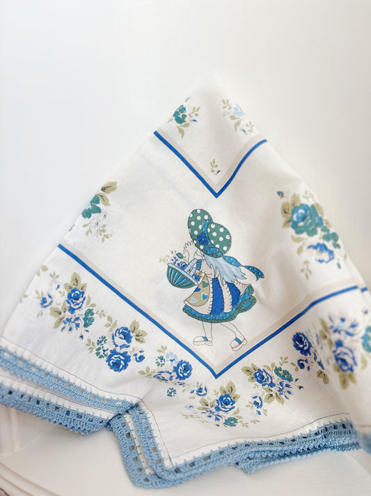 Square blue trim table topper - blue and white with little girl