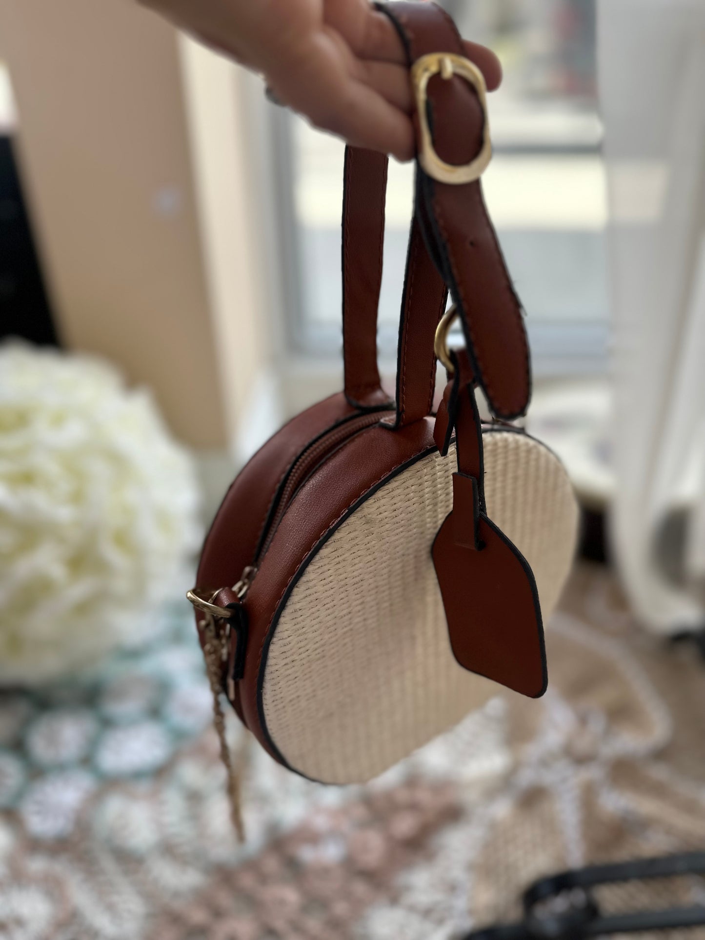 Round woven & faux leather handbag/ crossbody bag