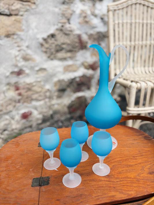 Blue Frosted Italian Shot Glass & Pitcher Set