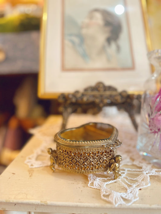 Brass Heart Shaped Jewelry Box with cherubs
