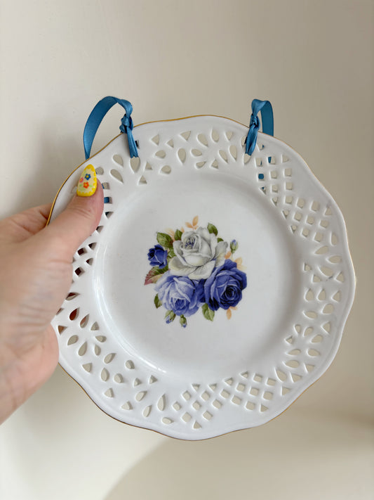 Pierced Rim Blue floral wall hanging plate #3