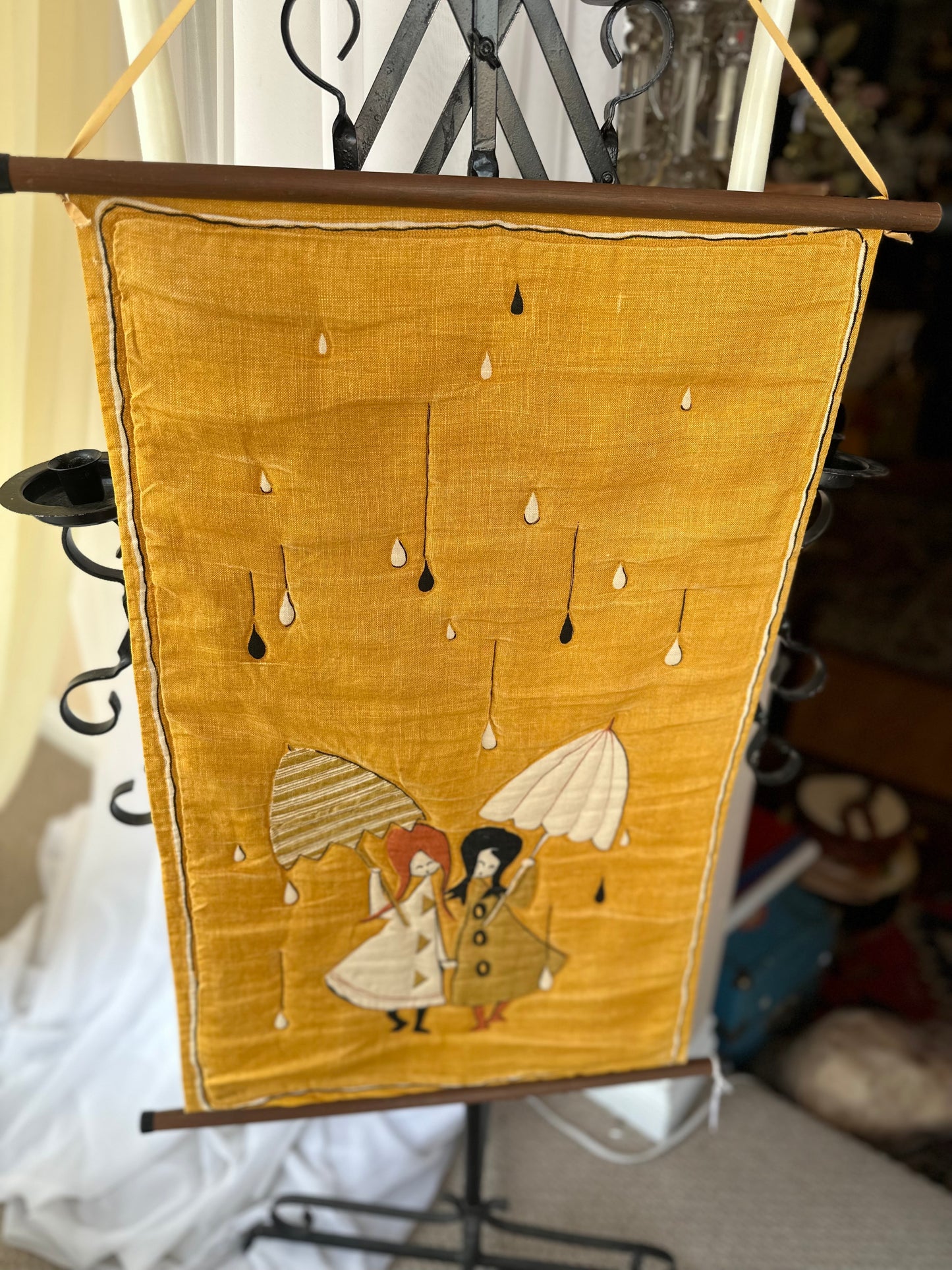 1969 Fabric Wall Hanging Art - girls in the rain