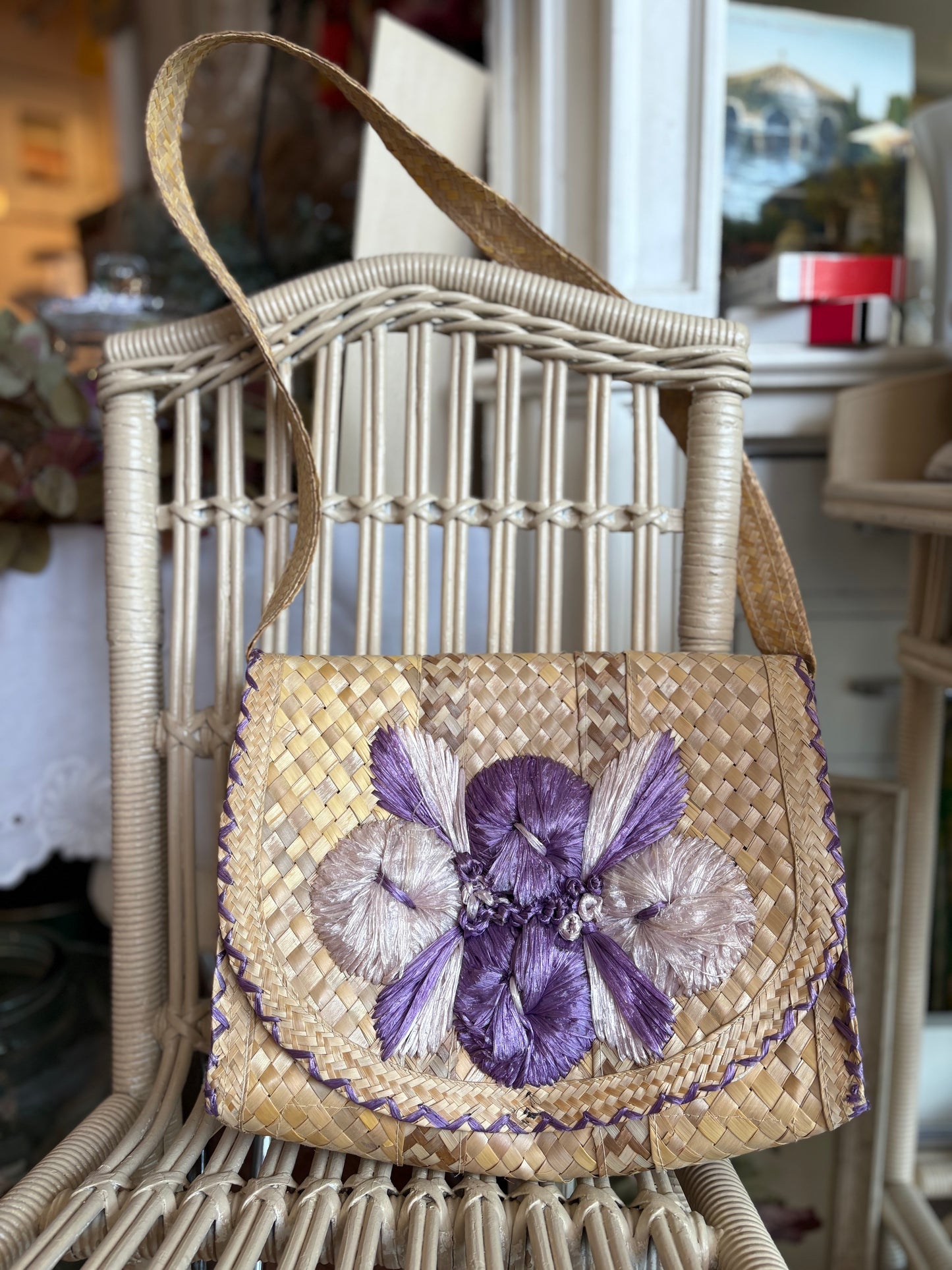 Woven shoulder bag with purple florals