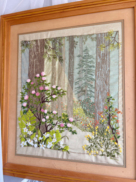 Large Framed Forest Needlepoint Art with Netting Material for shadows