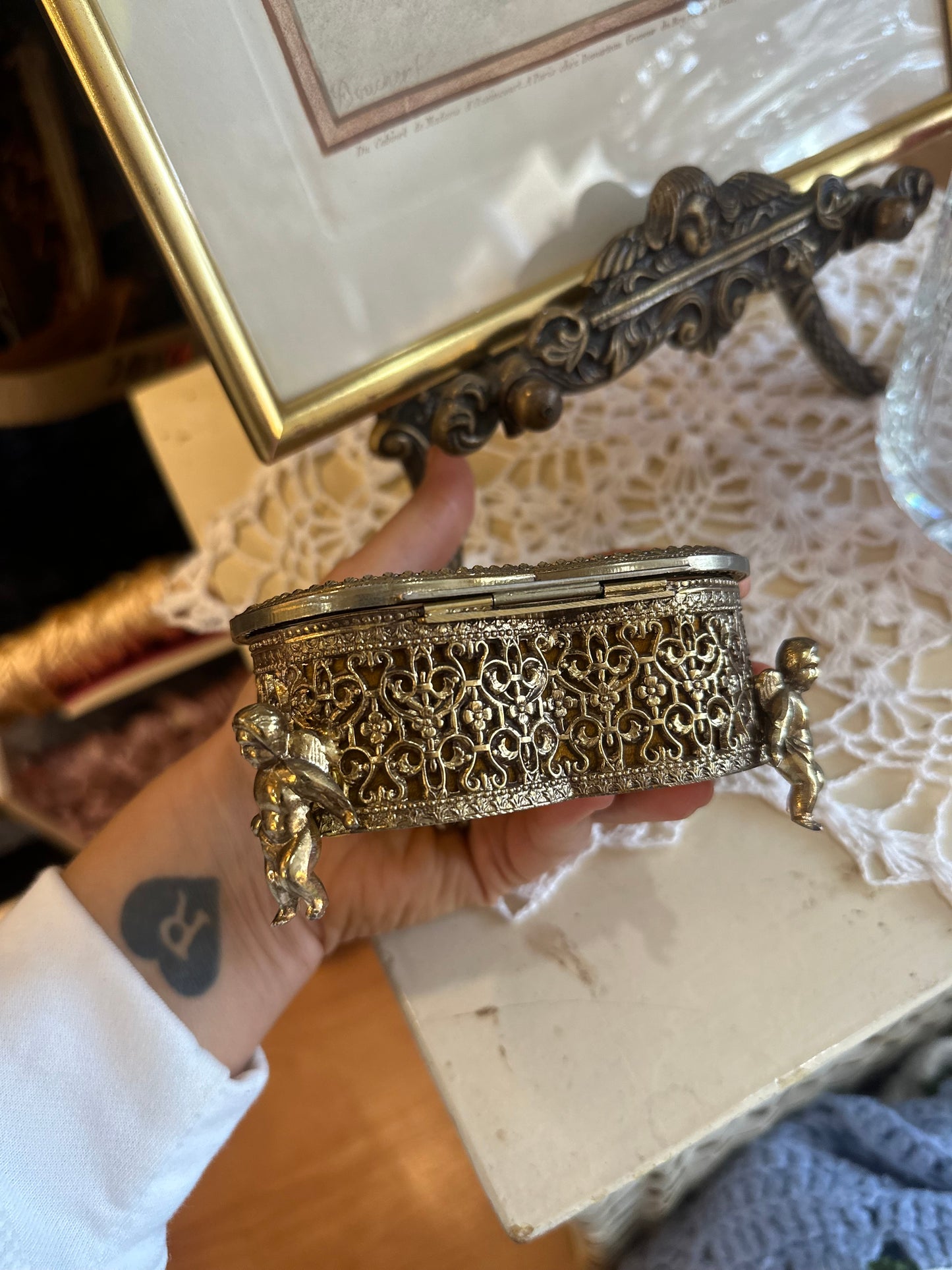 Brass Heart Shaped Jewelry Box with cherubs