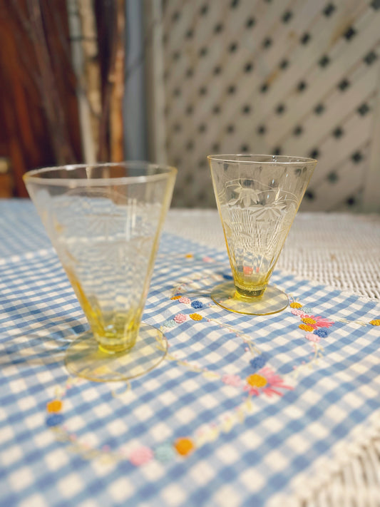 Pair of yellow sundae glasses with etched floral design