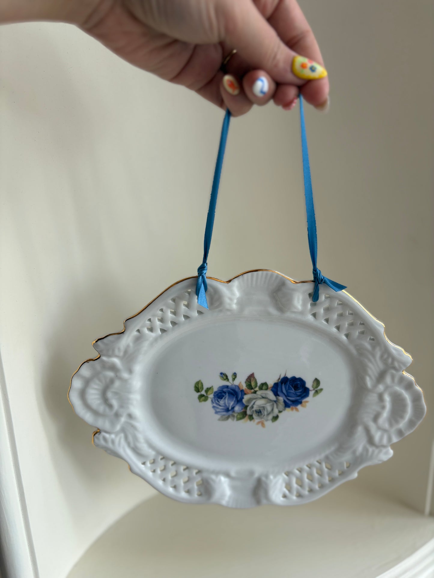 Pierced Rim Blue floral wall hanging plate #1