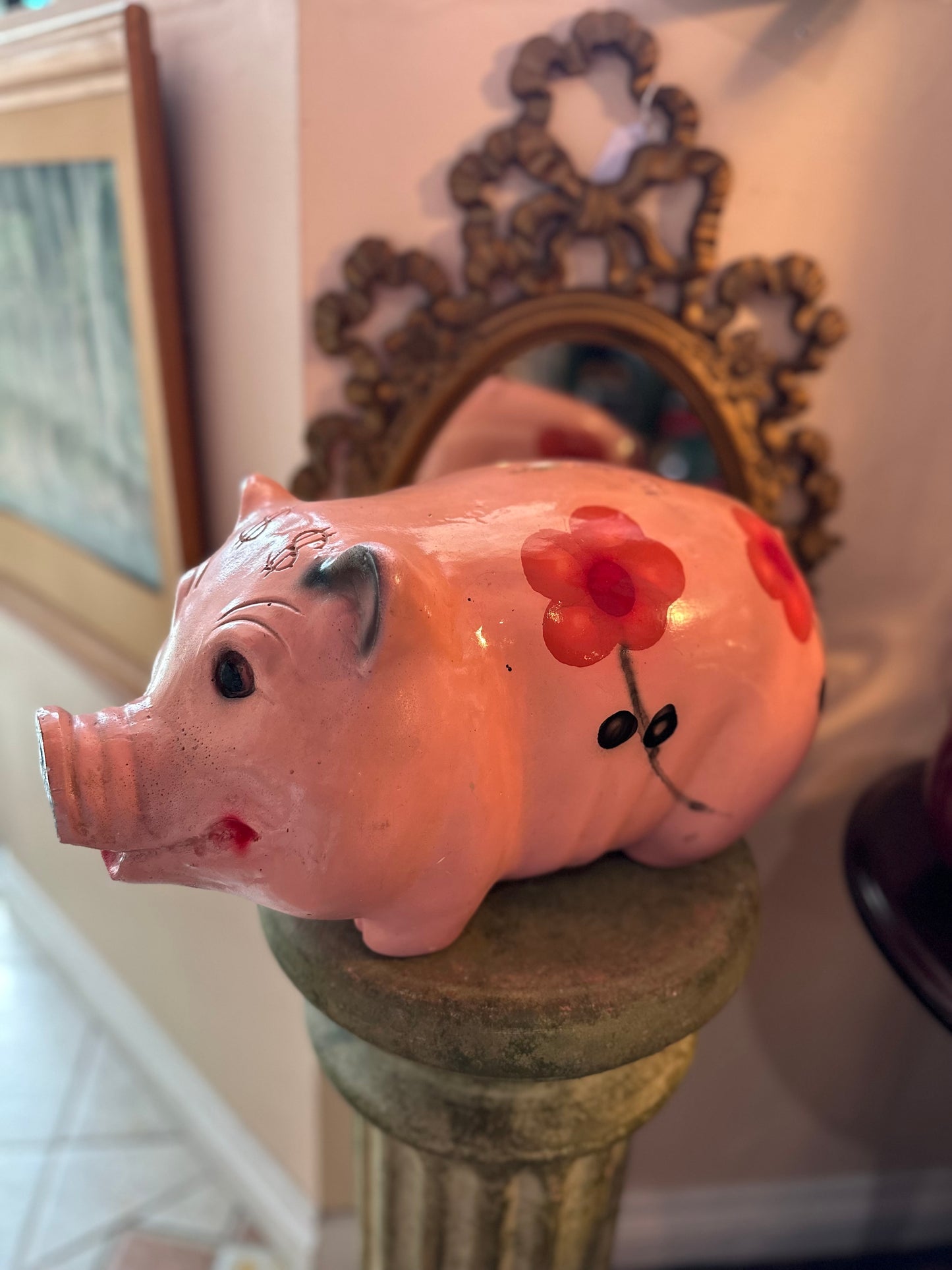 Large ceramic piggy bank with floral design