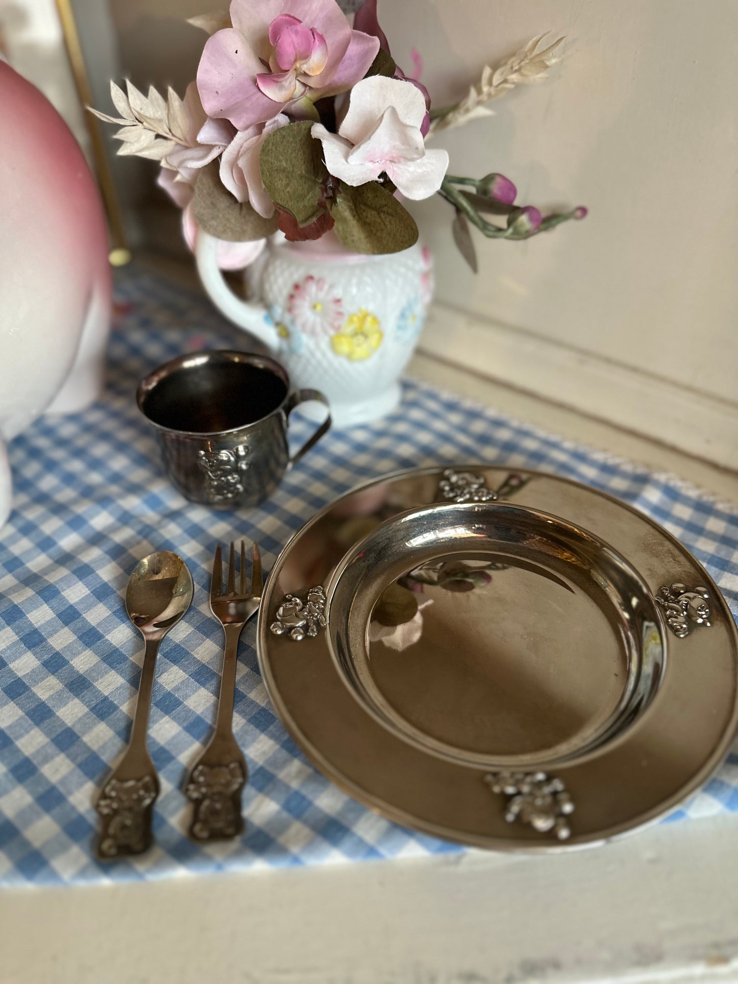 Mickey Mouse Silver Plate Kids serving set - cup, plate, spoon & fork