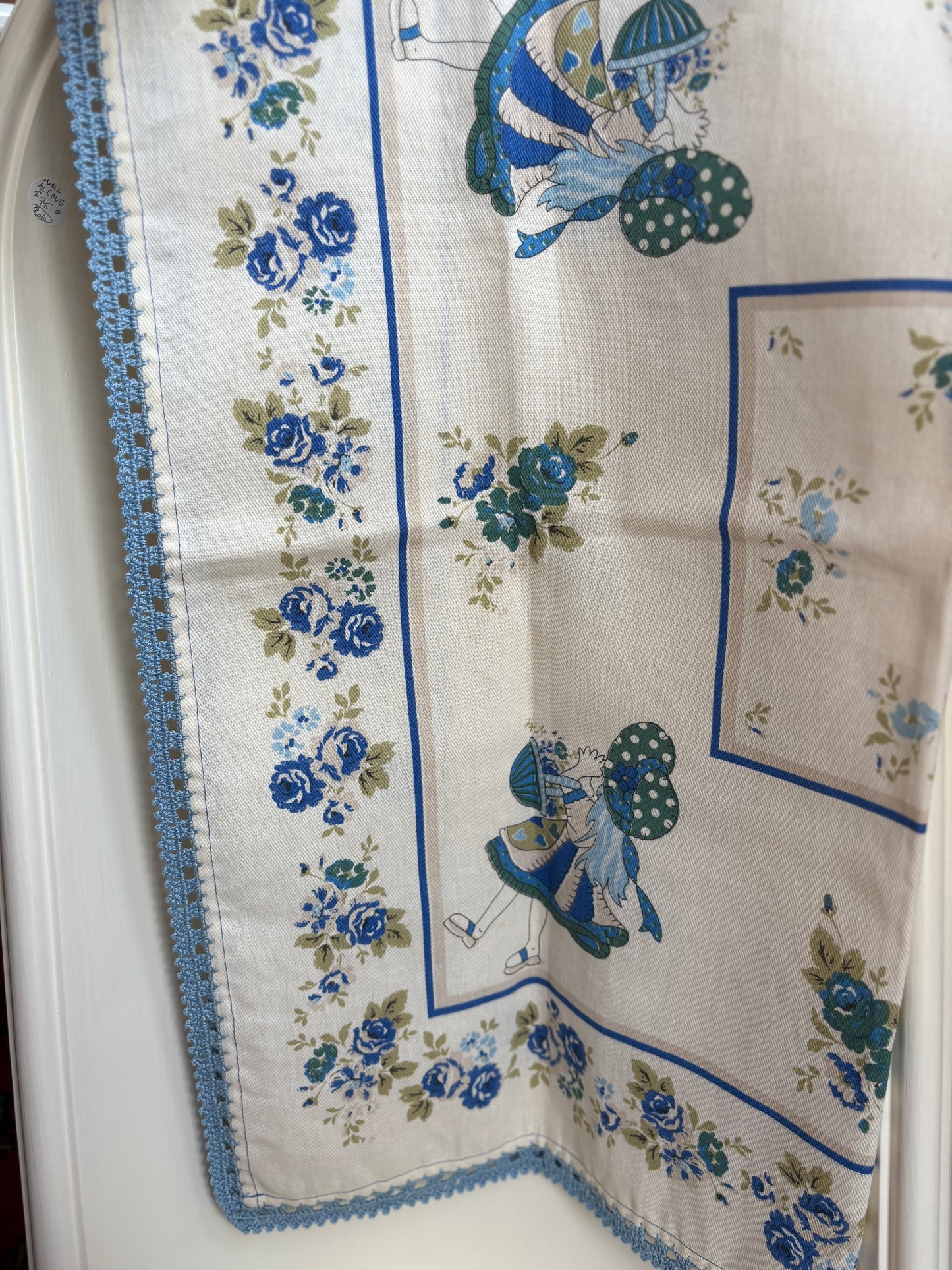 Square blue trim table topper - blue and white with little girl