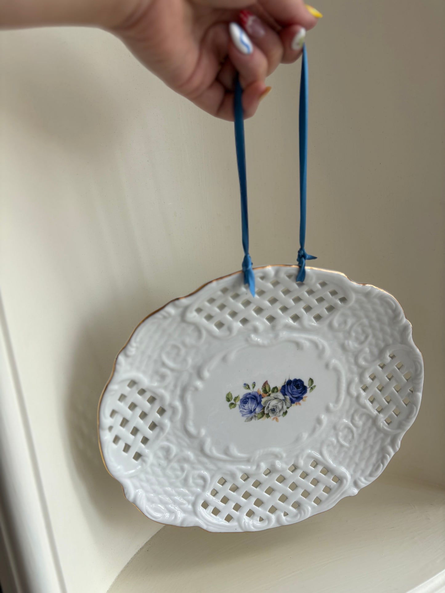 Pierced Rim Blue floral wall hanging plate #2