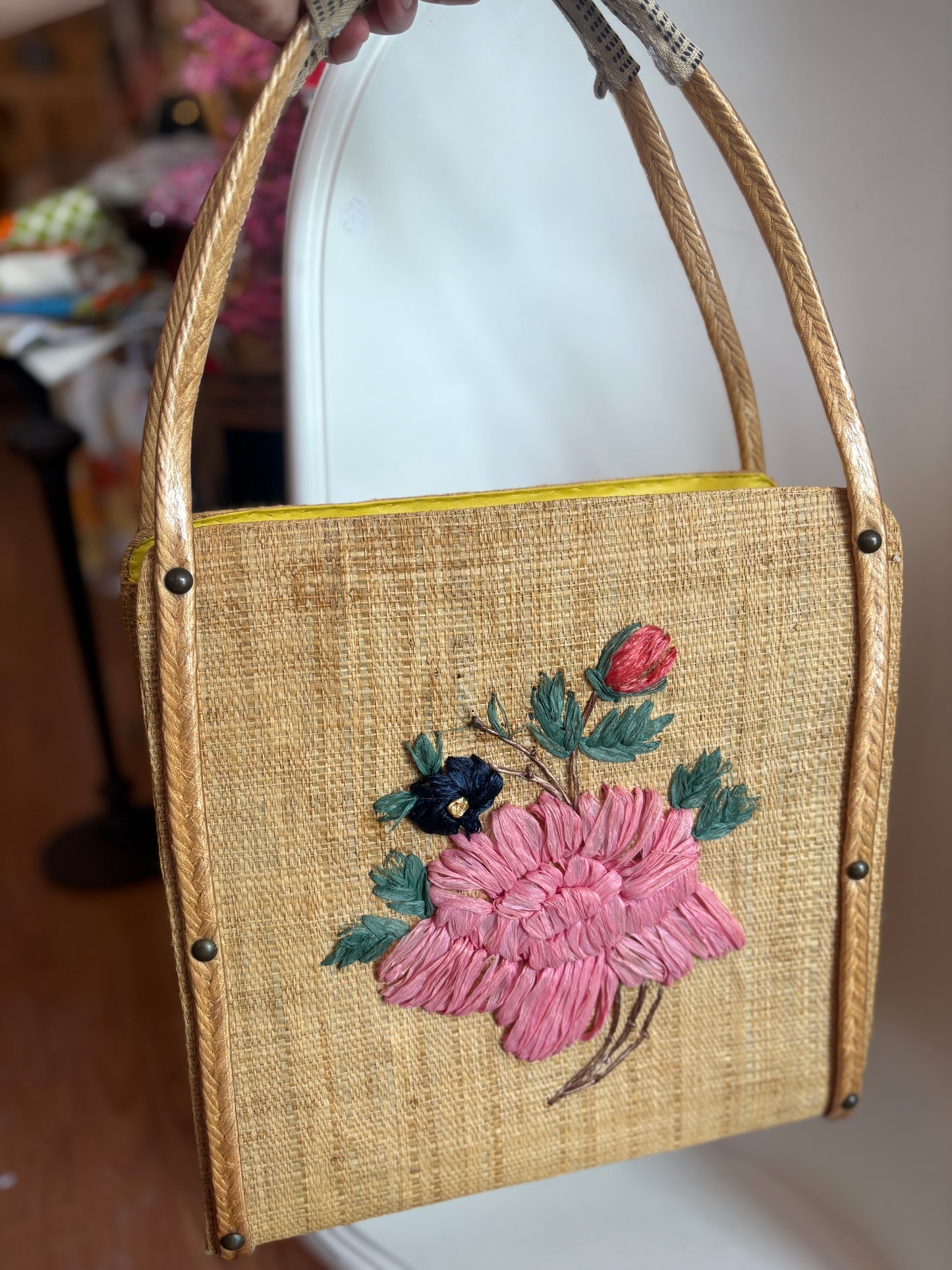 Vintage Rattan purse with floral details