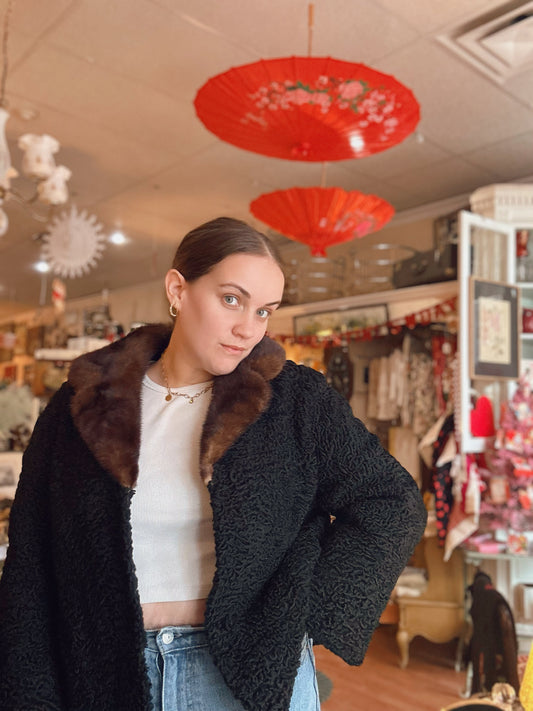 1950s Schiaparelli Swakara Persian Lamb Swing Jacket (Mink Collar) M/L