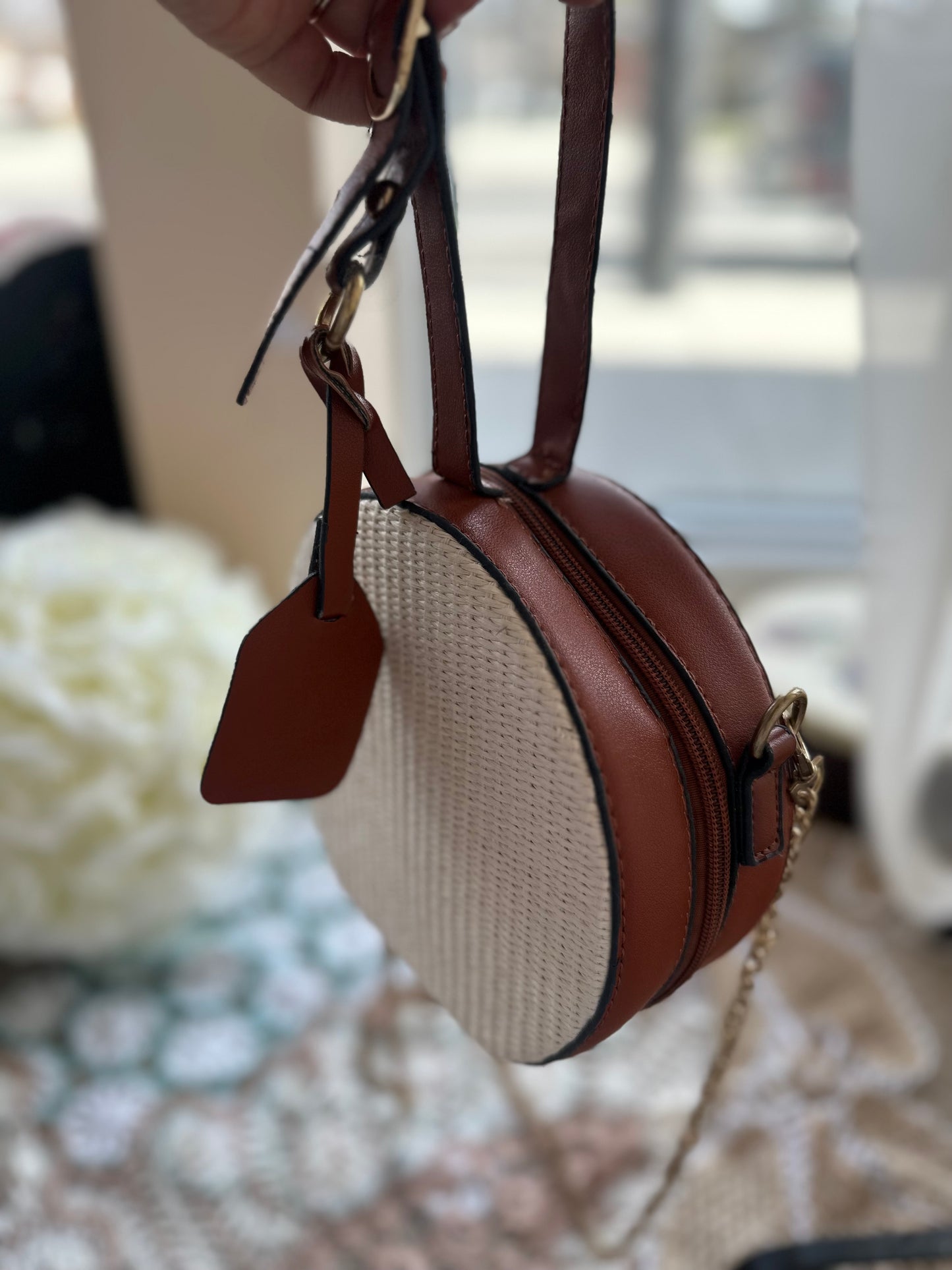 Round woven & faux leather handbag/ crossbody bag