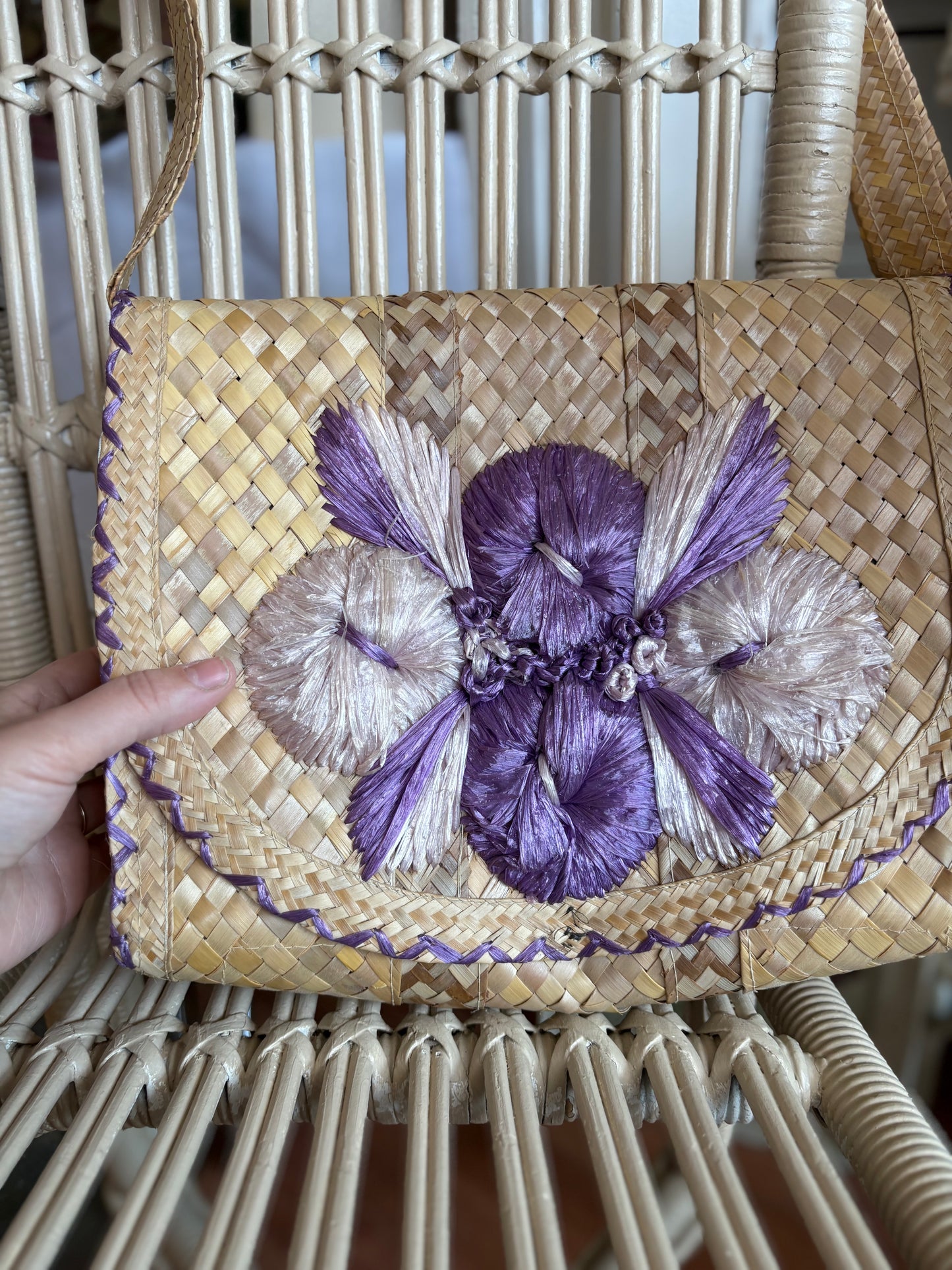 Woven shoulder bag with purple florals