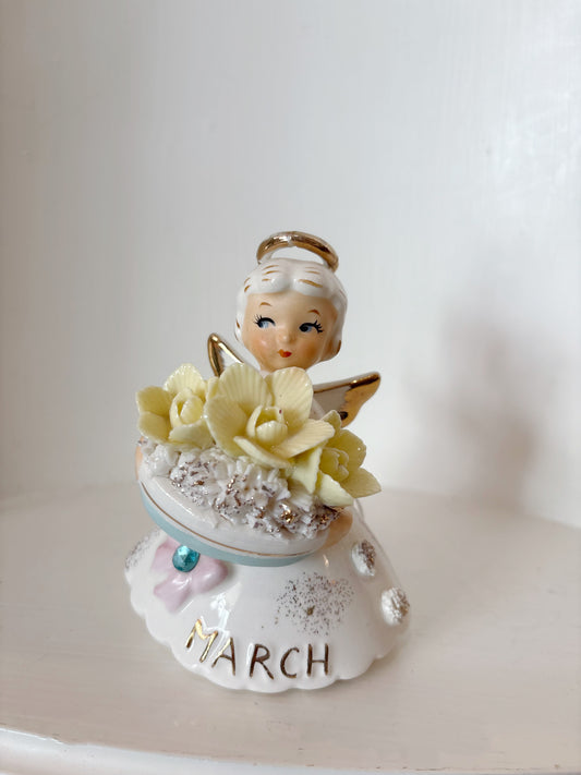 Vintage Lefton March Birthday Girl Angel Daffodil Aquamarine Spaghetti Figurine