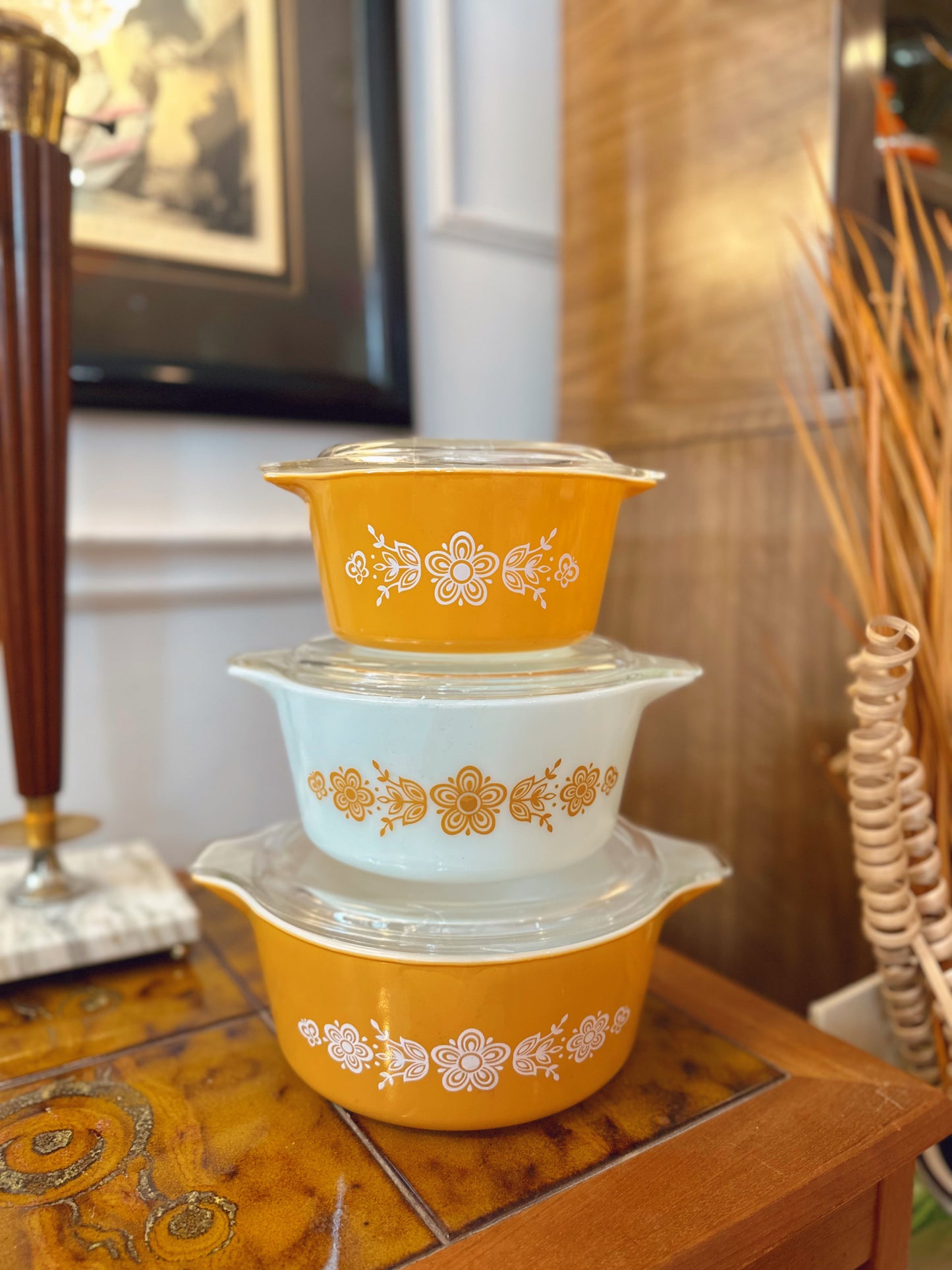 3 piece Pyrex Butterfly gold casserole set (with lids)