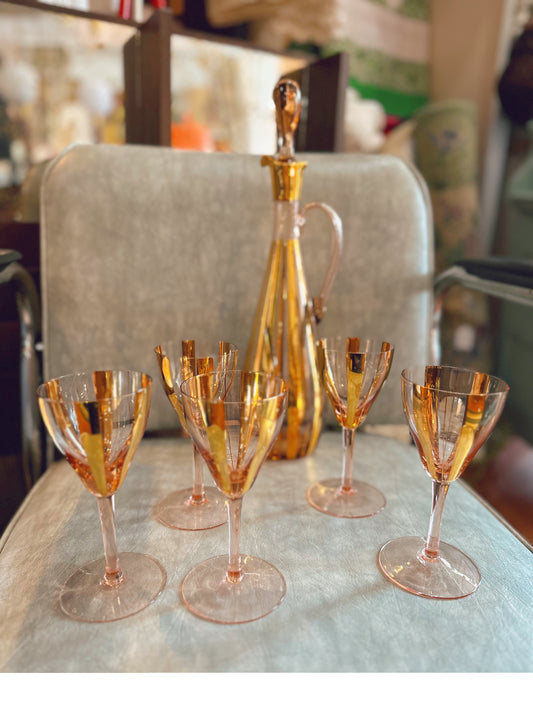 Mid century decanter & glasses set - gold leaf (blush pink)