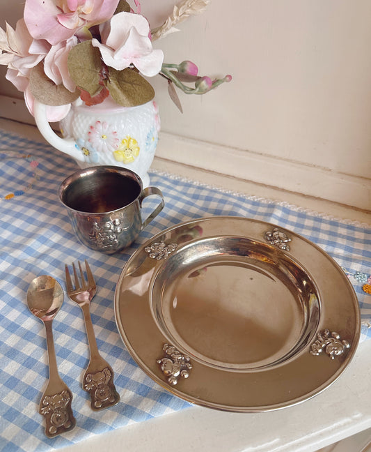 Mickey Mouse Silver Plate Kids serving set - cup, plate, spoon & fork