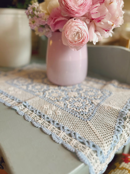Crochet floral Table runner - blue & white