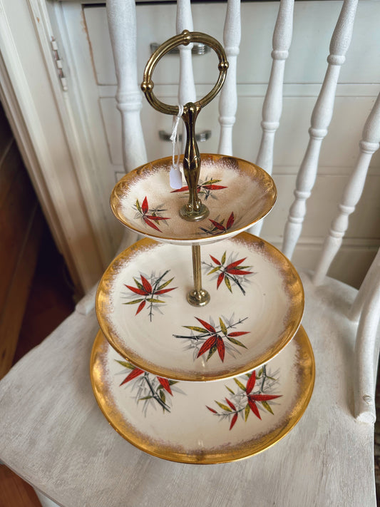 Three tier plate tray with gold trim