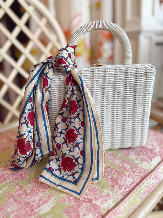 Silky Demaro Scarf #3- red flowers, blue stripes