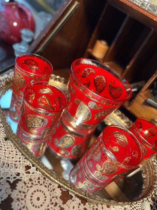 Mid Century Culver Glass Paisley Set - ice bucket & 4 glasses