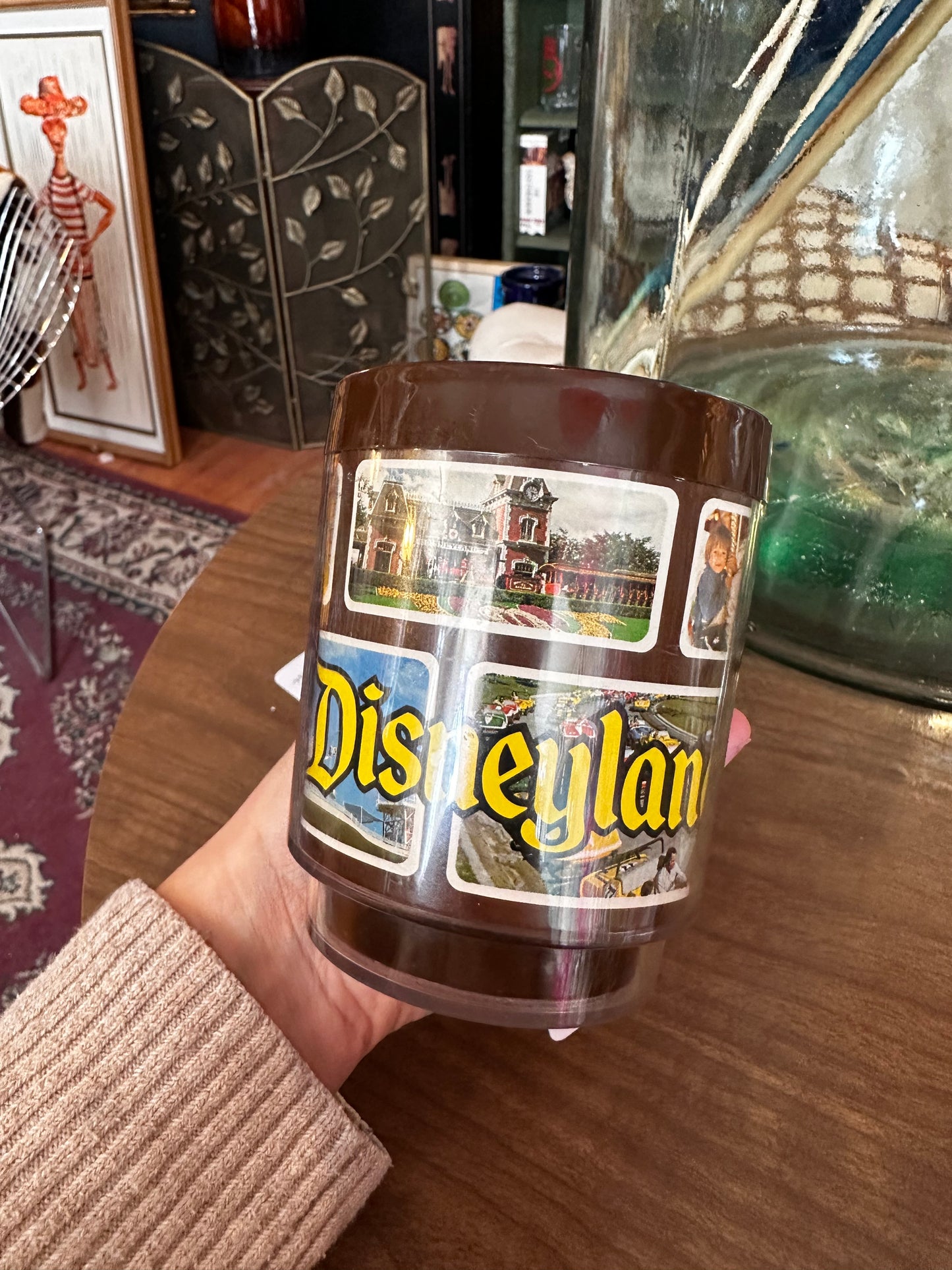 Set of 2 1970s Disneyland Plastic Mugs with images from the park