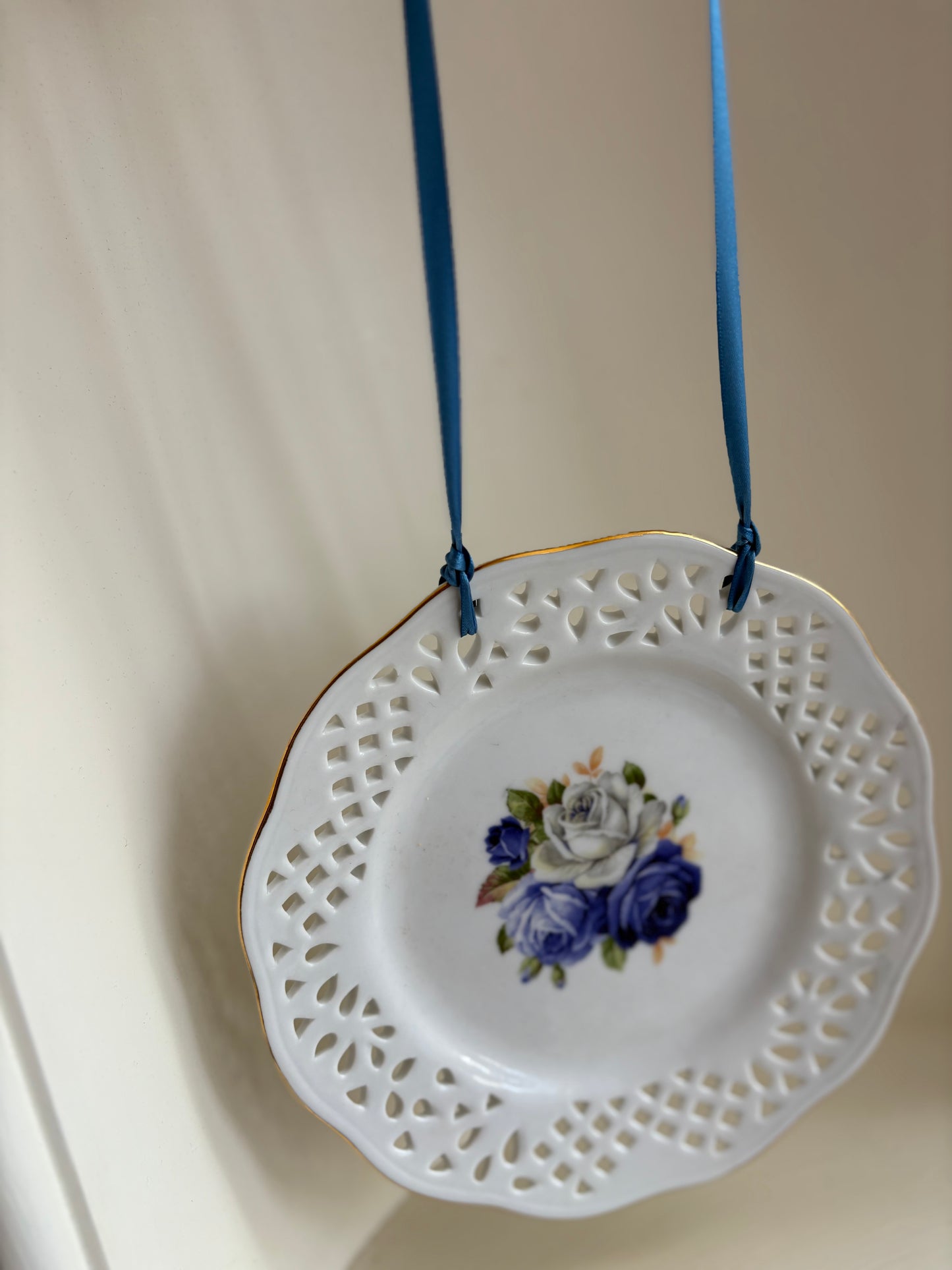 Pierced Rim Blue floral wall hanging plate #3