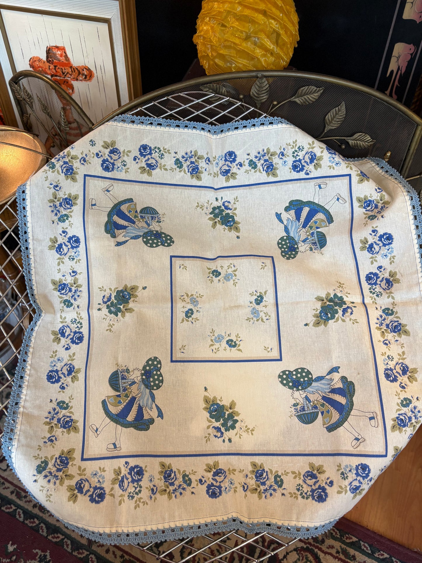 Square blue trim table topper - blue and white with little girl