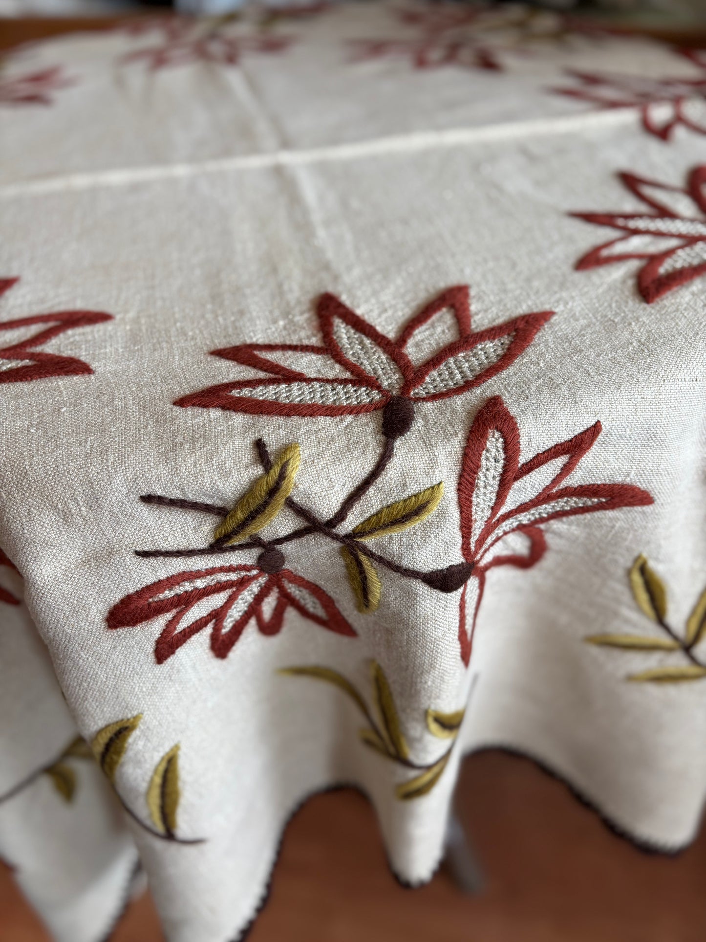 Hand crafted floral square tablecloth with crochet trim