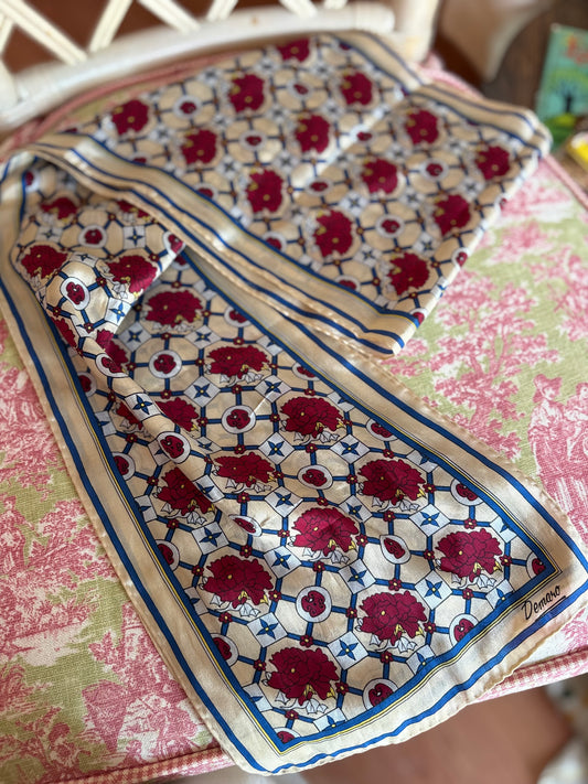 Silky Demaro Scarf #3- red flowers, blue stripes