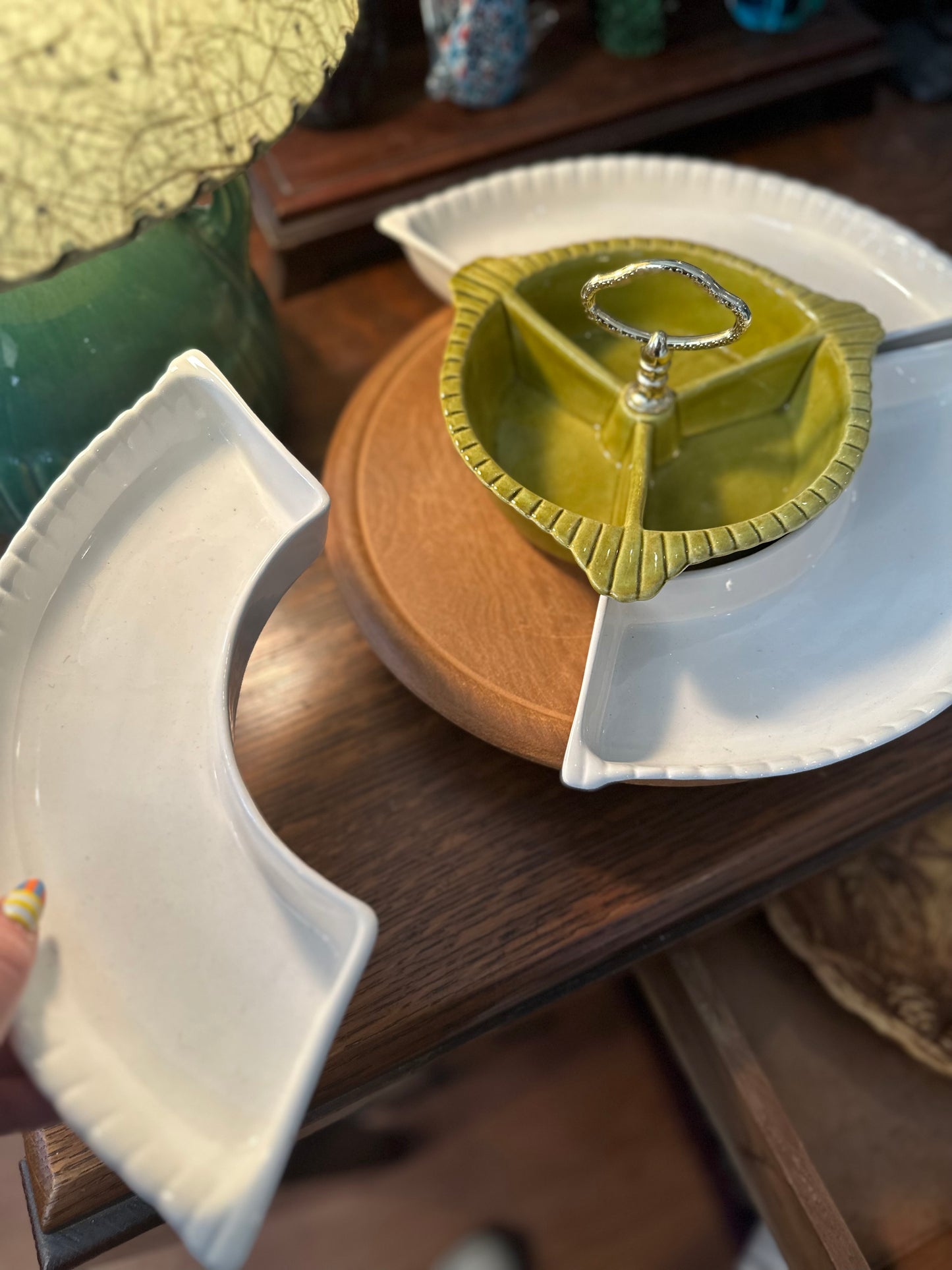 California pottery snack tray with wooden lazy Susan