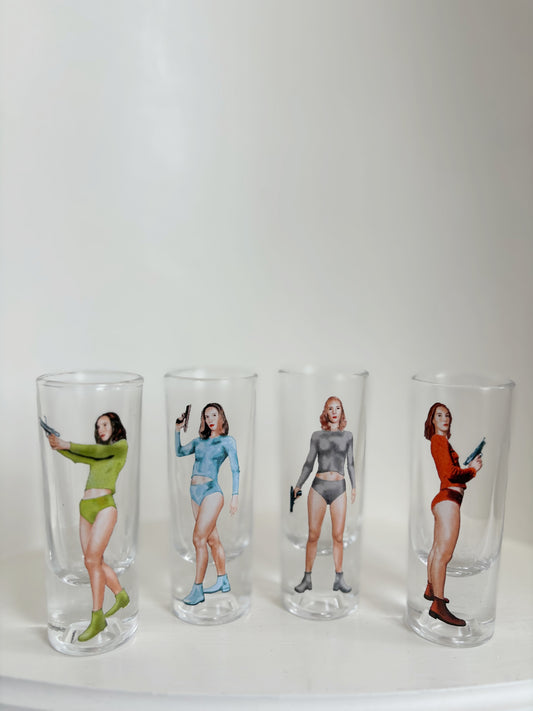 Set of 4 shooter shot women retro shot glasses - sci fi Bond girl 70s