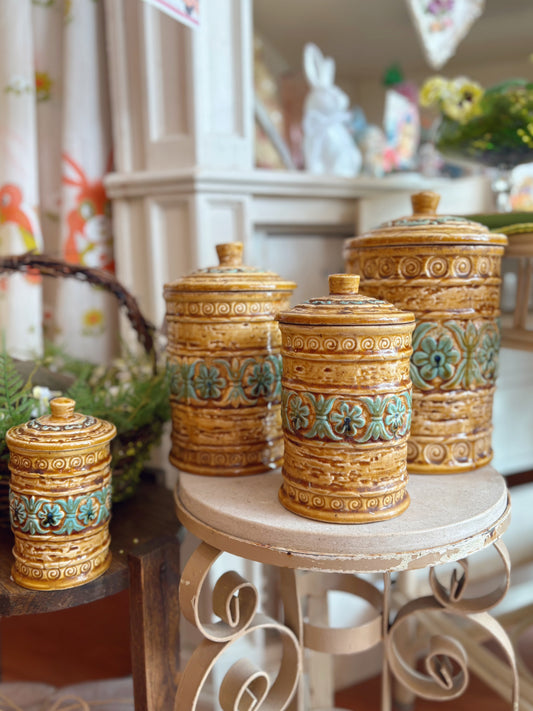 Tiki Style Ceramic Kitchen Canister Set - marked Japan