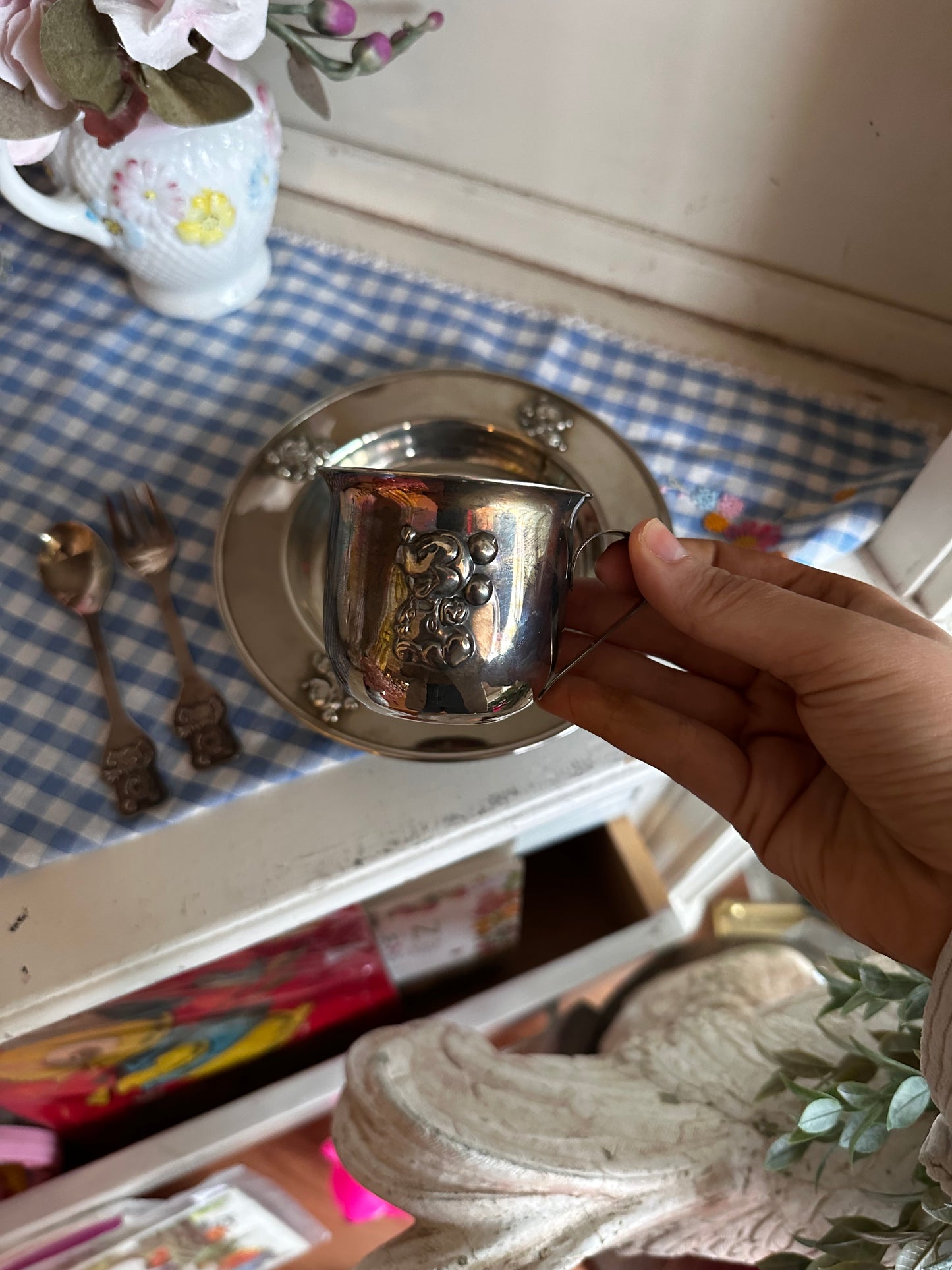 Mickey Mouse Silver Plate Kids serving set - cup, plate, spoon & fork