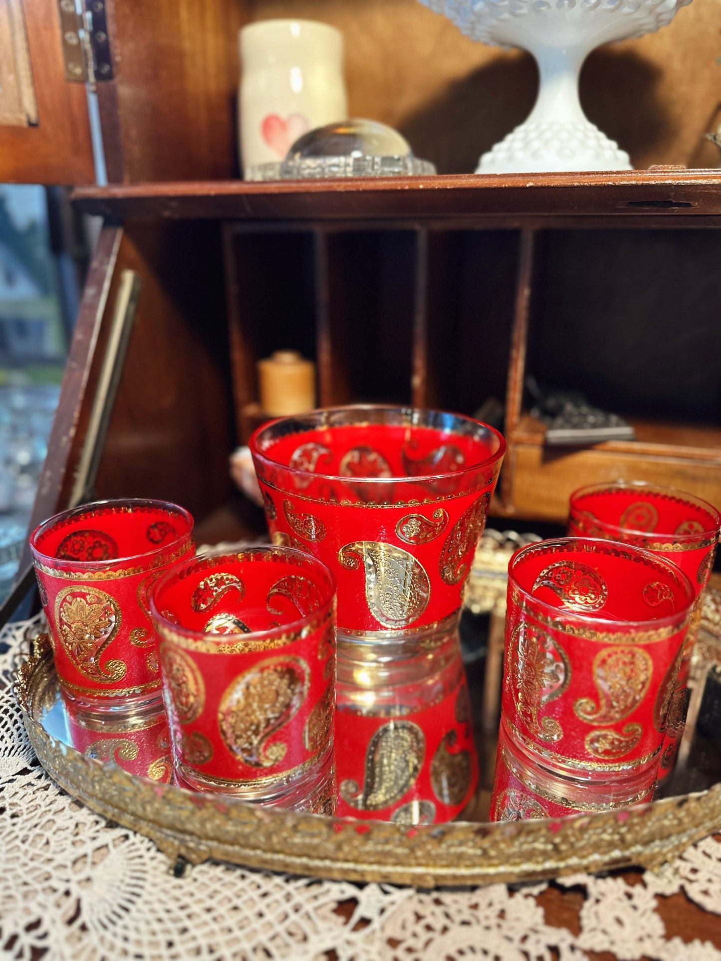 Mid Century Culver Glass Paisley Set - ice bucket & 4 glasses