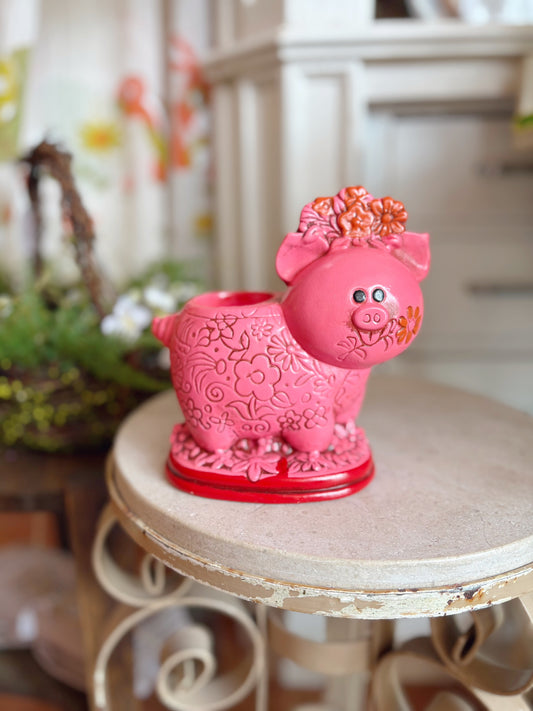 Pink Piggy chalkware candle holder