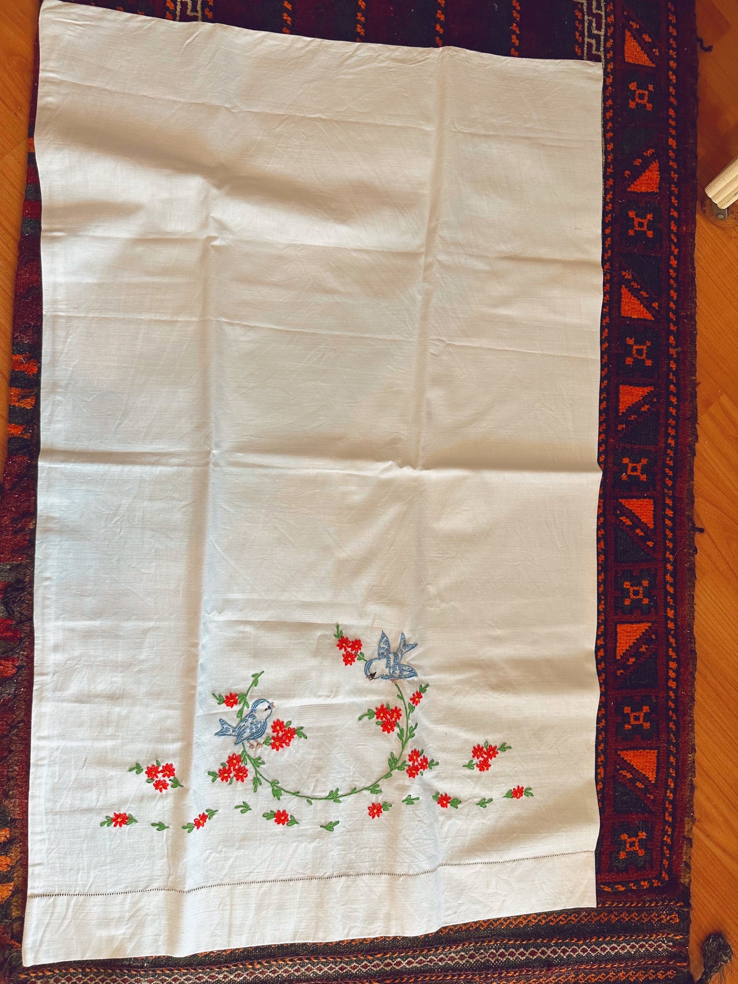 Pair of hand embroidered standard pillowcases - floral & bird details