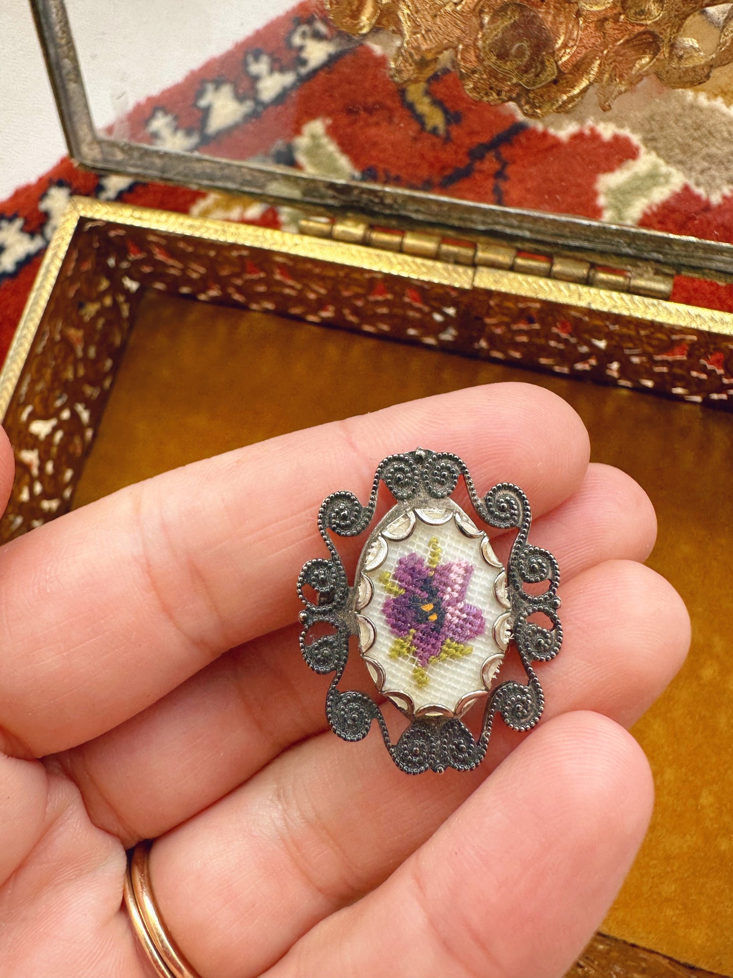 Needlepoint floral brooch