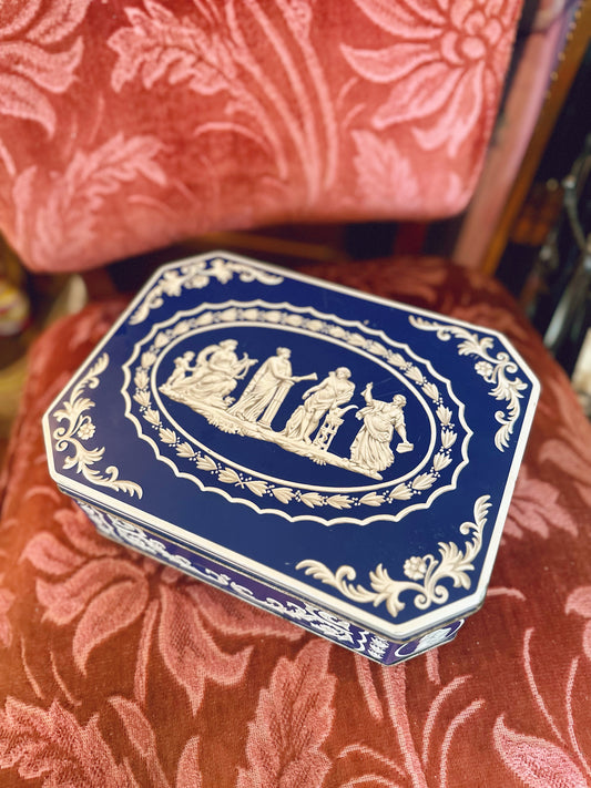 Blue & white biscuit tin